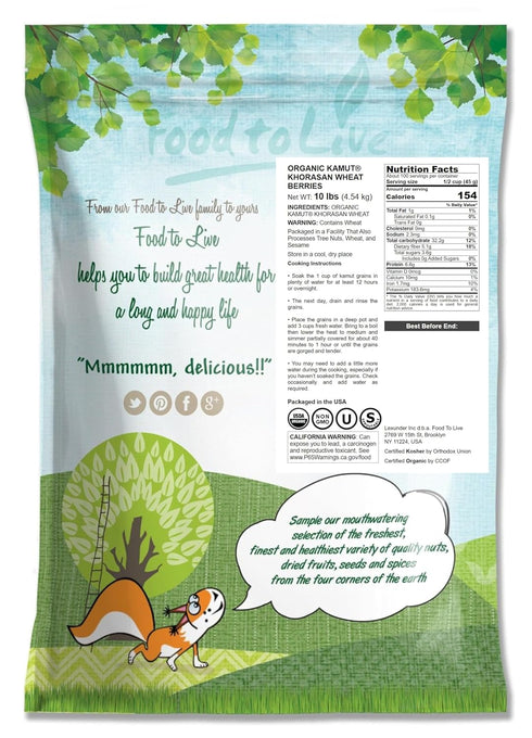 10 100% Food to Live Organic KAMUT Khorasan Wheat Berries, Pounds Whole Grain, Sproutable for Wheatgrass, Non-GMO