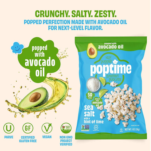1 oz Pack 24 Poptime Sea Salt Popcorn with a Hint of Lime, Individual Snack Bags, Kettle Cooked Popcorn Made