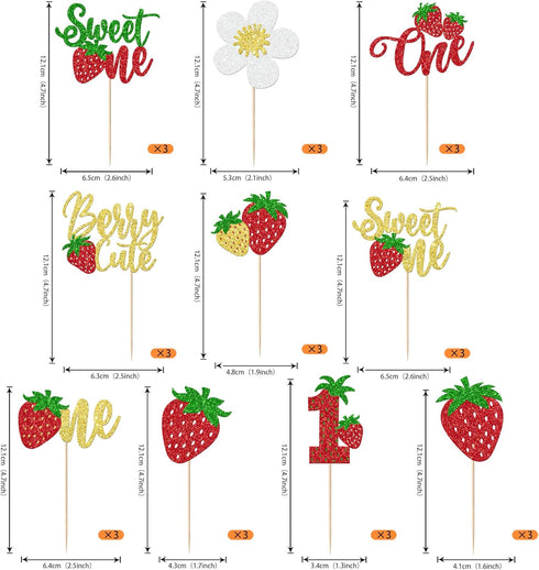 Rsstarxi 30 Pack 1st Sweet One Cupcake Toppers Berry First Birthday Decorations Glitter Strawberry Birthday Cupcake