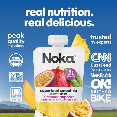 Immune 4.22 oz (Pack 6) Noka Superfood Fruit Smoothie Pouches with Support, Super Tropical, Healthy Snacks with Vitamin