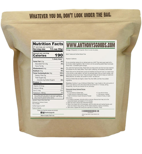 3 lb, Anthony's Organic Rolled Oats, Gluten Free, Non GMO, Old Fashioned, Whole Grain