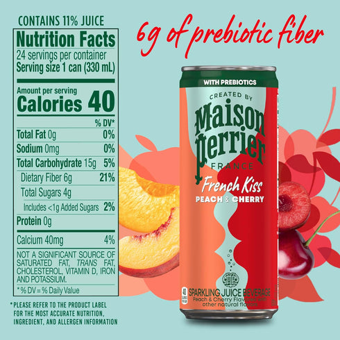 24Pk Maison Perrier French Kiss Sweetened Sparkling Juice Beverage, Peach & Cherry Flavors With Real Fruit Juices