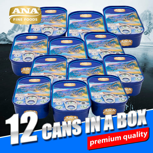 Pack 12 (4.05 oz Omega-3 Wild Icelandic Canned Cod Liver in Own Oil of Cans) | Wild-Caught | Rich, Vitamins A & D |