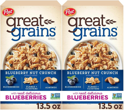 Post Great Grains Blueberry Morning Cereal, 13.5 Oz. Box (2 Pack)