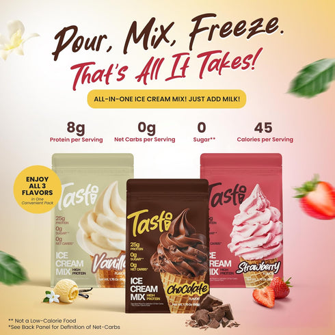 TASTI <150 (6-Pack, 2 High-Protein Ice Cream Mix - Chocolate, Vanilla, & Strawberry Sugar Free Ice Cream Powder - Made