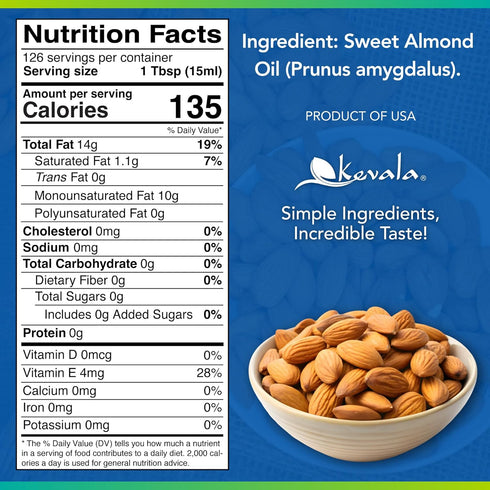 64 oz, 1/2 Kevala Sweet Almond Oil - Cold Pressed Almond Oil for Baking and Mixing with Essential Oils, With Mild Scent