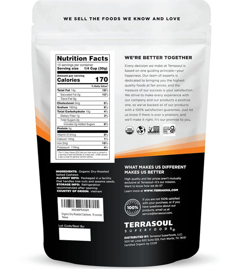 16oz Terrasoul Superfoods Organic Dry-Roasted & Lightly Salted Cashews, Resealable Pouch - Perfect for Snacking