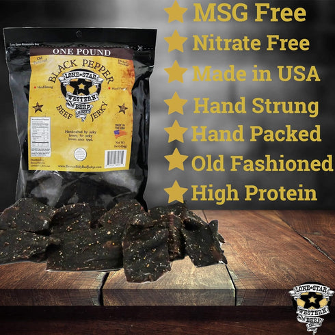 1 Lone Star Black Pepper Beef Jerky - Pound Resealable Bag - Hickory Smoked Handcrafted Flavor - High Protein Healthy