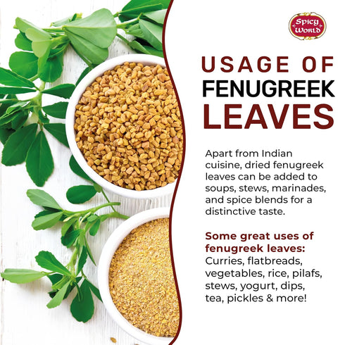 Spicy World Dried Fenugreek Leaves (Kasoori Methi) 3.5oz Box (100g) - All Natural, Vegan, Gluten Friendly, NON-GMO
