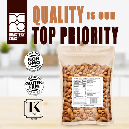 3 LB Roastery Coast - Just Roasted Almonds | Bulk Daily Nuts | Keto Snack | Lightly salted | Plant Protein | Heart