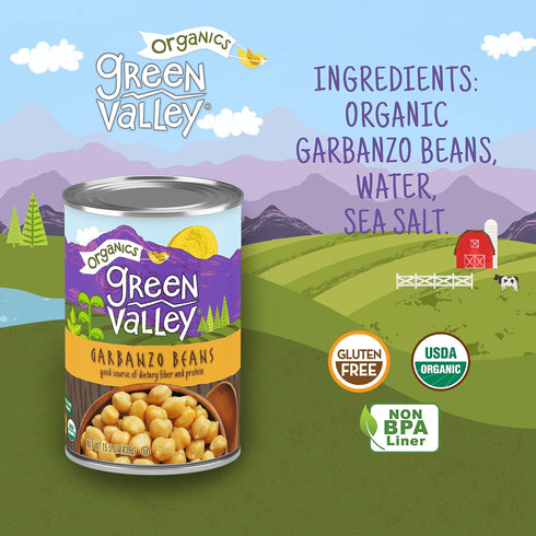 15.5 oz (Pack 4) Green Valley Organics Garbanzo Beans | Certified Organic | Delicious Mildy Nutty & Savory Flavor |