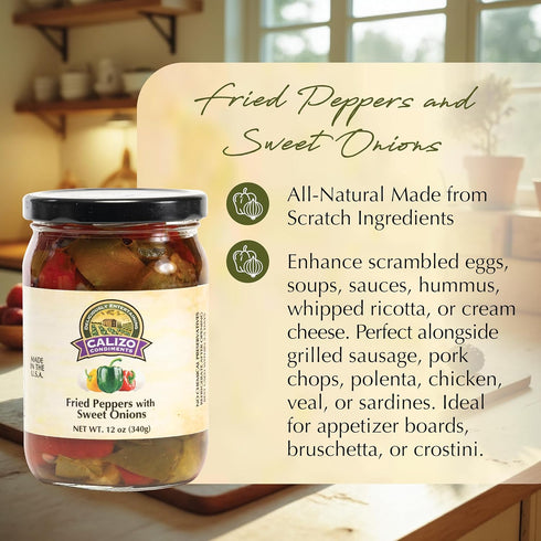12 oz Calizo Condiments Fried Peppers & Sweet Onions Jar Small Batch Italian Recipe, Gourmet Topping for Sandwiches
