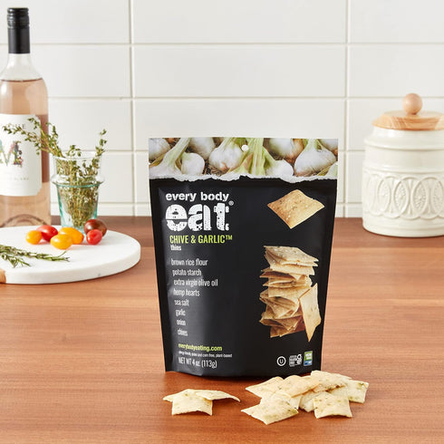 (Pack 6), 4 oz Every Body Eat Gluten Free Crackers, Chive & Garlic Plant Based Snacks, Vegan Garlic Snack Crackers
