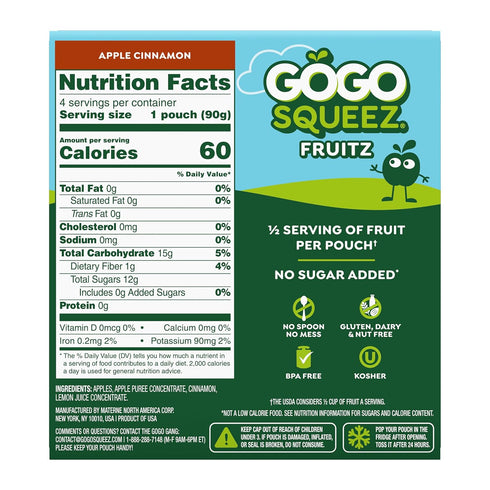 3.2 oz (Pack 48), GoGo squeeZ No Sugar Added Applesauce and Fruit Puree, Apple Cinnamon, Pouches of Fruit Snacks
