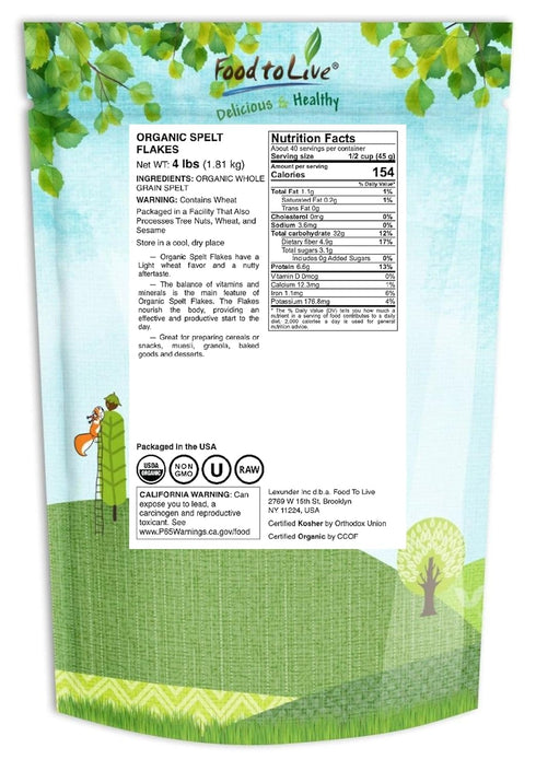 4 Food to Live Organic Spelt Flakes, Pounds - Rolled Spelt Made from Whole Grain Non-GMO Berries, Uncooked, Raw Whole
