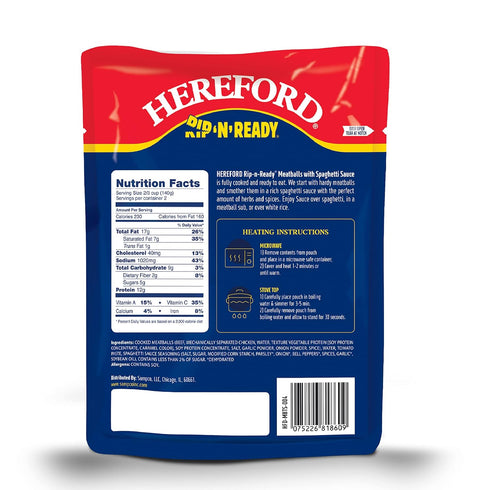 12g 10oz 12) Hereford Meatballs with Spaghetti Sauce | Shelf Stable | Fully Cooked | Ready to Eat | Protein per Serving