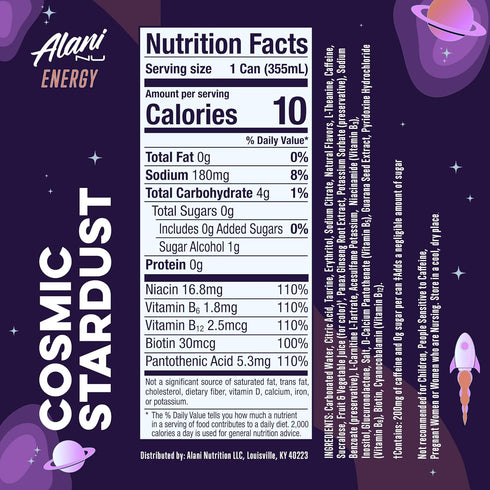 200mg 10 12 Oz 12 Pack Alani Nu COSMIC STARDUST, Sugar Free, Low Calorie Energy Drinks, Caffeine, Biotin, B Vitamins