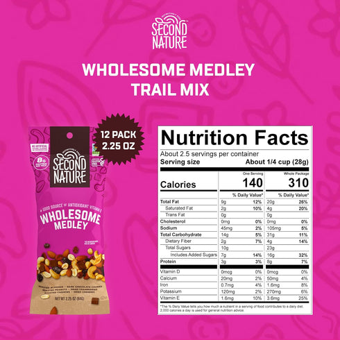 12 Count, 2.25 oz Packs, Second Nature Wholesome Medley Trail Mix - Individual Snack Certified Gluten-Free Dark