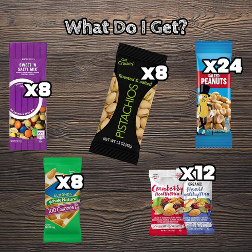Pack 60 Count Healthy Nuts Variety Box of Salted Cashews, Almonds, Peanuts, and Trail Mix On-the-Go Protein Snacks