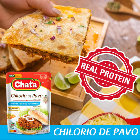 Pack, 8.8 oz (Pack 6) Chata Variety Mexican Shredded Meats with Pork, Chicken, Turkey and Pork Crackling