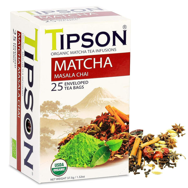 Tipson Organic Matcha Green Tea - Masala Chai Flavor, 25 Foil Enveloped Double Chambered Bags - Keto/Paleo