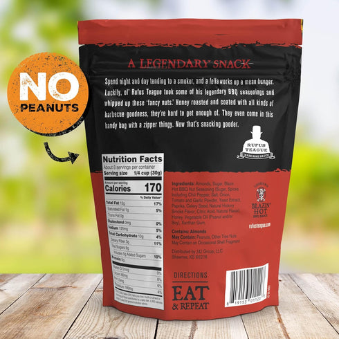 9 oz Rufus Teague Hot BBQ Honey Roasted Almonds Sweet, Spicy & Smoky Gourmet Snacks, Resealable Pouch for Freshness