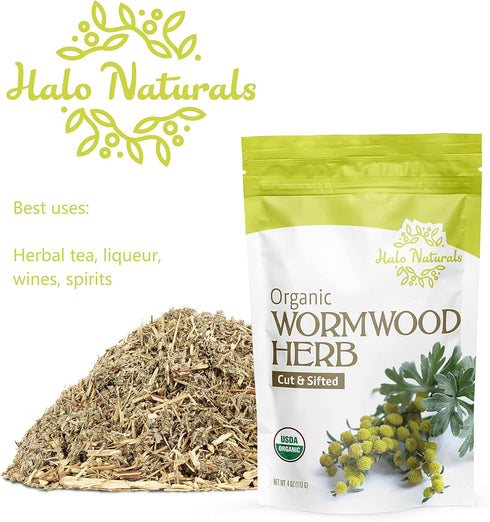 Halo Naturals 4 Packaged (Pack 1) Organic Wormwood Herb Cut & Sifted, Ounces (Artemisia Absinthium) USDA Certified