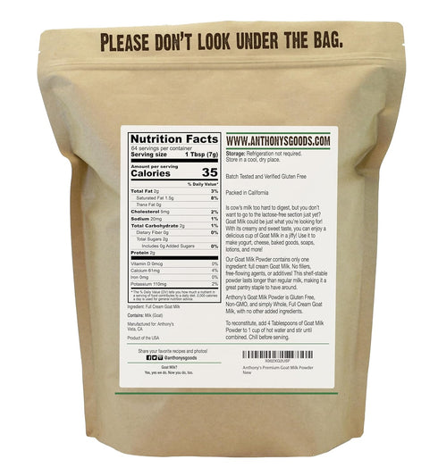 1 lb, (Pack 2) Anthony's Premium Goat Milk Powder, Gluten Free, Non GMO, No Additives