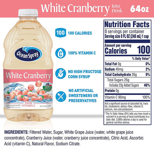 64 Oz (Pack 1) Ocean Spray White Cranberry Juice Drink, Fl Bottle