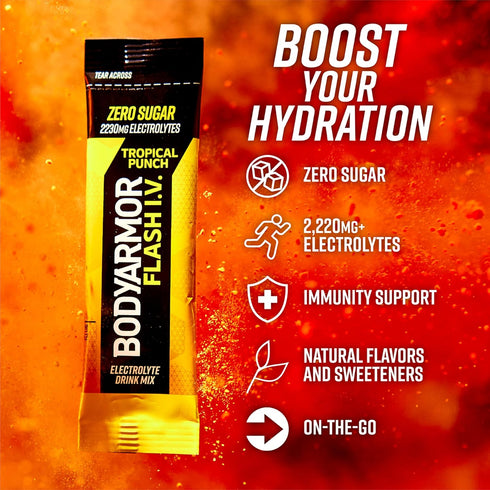 Packets, Packs, (15 Count) BODYARMOR Flash I.V. Electrolyte Tropical Punch, Zero Sugar Drink Mix, Single Serve Coconut