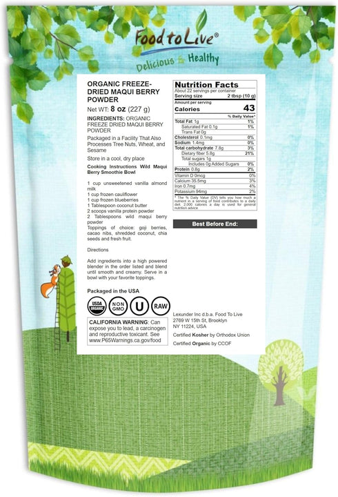 8 100% Food to Live Organic Freeze-Dried Maqui Berry Powder, Ounces Non-GMO, Raw, Pure, Vegan Superfood, No Added