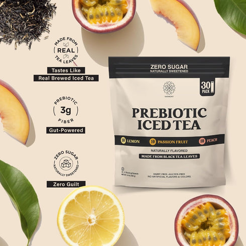 Pack 3 30 Packs Harmony Prebiotic Black Tea Variety - Flavors Peach Lemon Passion Fruit, Iced Tea Drink Mix with Plant