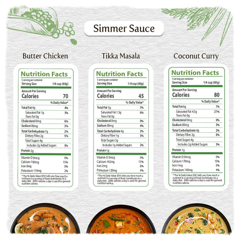 Food Earth Indian Simmer Sauces, Butter Chicken, Coconut Curry, Tikka Masala - 6 Pouches x 5.29 oz