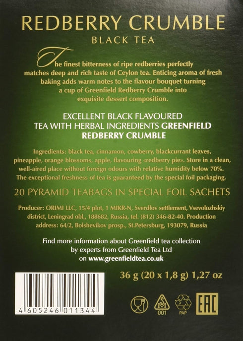 Greenfield Redberry Crumble Pyramid Collection, 20 Pyramids in Special Foil Sachets, Black Tea Specialty