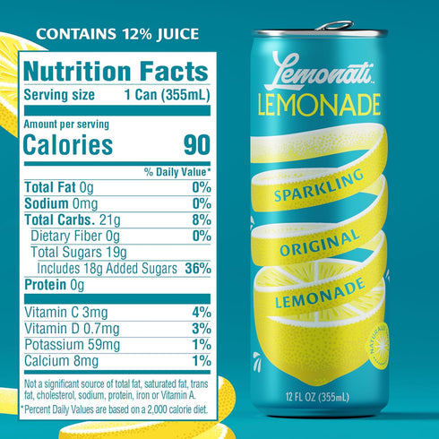 12 Oz Pack 24, Lemonati Sparkling Lemonade, No Artificial Sweeteners or Flavoring, Gluten-Free, Kosher, Non-GMO, Vegan