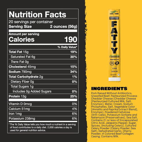13g 2 oz. FATTY Meat Sticks, Pork Raised Without Antibiotics, Grass-Fed Beef, Protein Per Stick, Jalapeno Cheddar