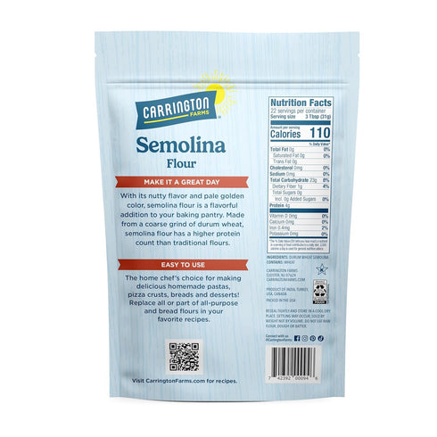 24 oz Carrington Farms Semolina Flour, Durum Wheat, Coarse Grind, High Gluten, for Pasta, Pizza Crust, and Breads
