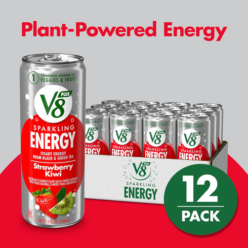 V8 +ENERGY V8 11.5 OZ (Pack 12) +SPARKLING ENERGY Strawberry Kiwi Energy Drink, Made With Real Vegetable And Fruit