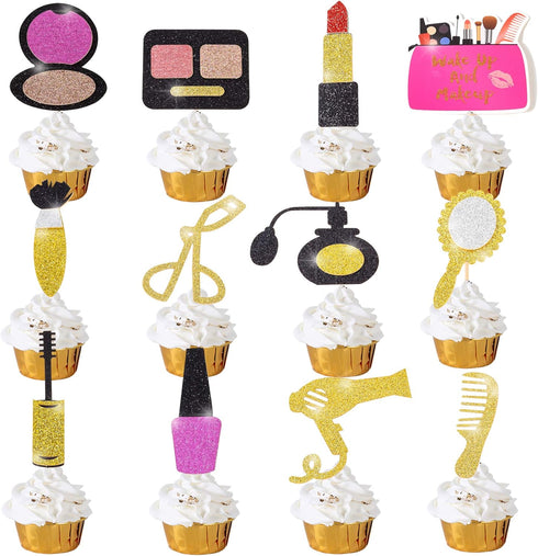 Spa Makeup Cupcake Toppers Decoration Supplies, 24Pcs Gold Glitter for Bridal Shower, Bachelorette, and 18th Birthday