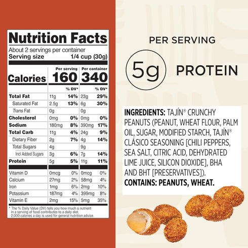 2.25 oz 12 Pack Snak Club Tajin Crunchy Peanuts, Nuts with Chili and Lime Seasoning, Mild, Snack Bags