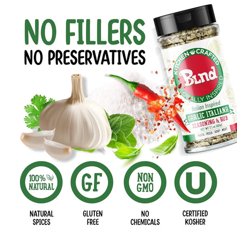 Kitchen Crafted - BLND Garlic Italiana Spice Seasoning, Gluten-Free Italian Barbecue Rub, 7.1oz, All-Natural for Pasta,