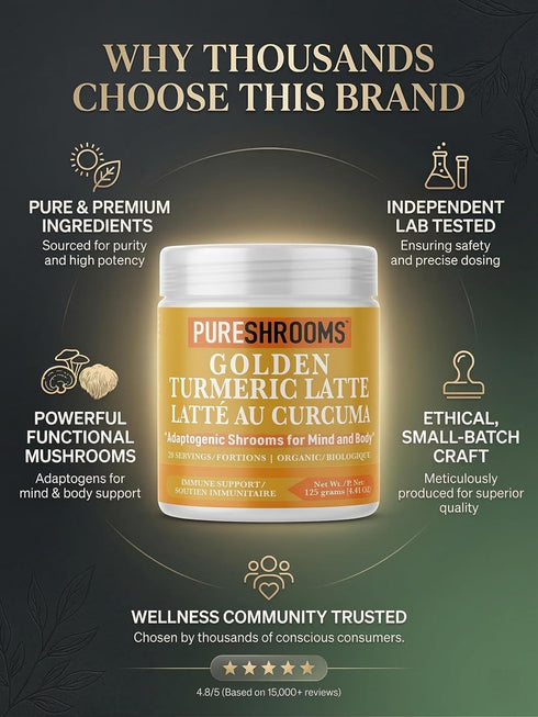 30 (30 125 Organic Turmeric Latte Golden Milk Servings - Organic Lion's Mane, Turkey Tail Mushroom Extracts, Cinnamon