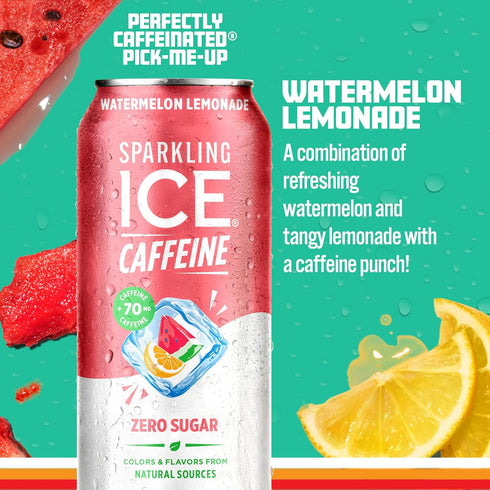 Vitamins,16 oz (Pack 12) Sparkling Ice Caffeine Watermelon Lemonade Sparkling Water with Caffeine, Zero Sugar