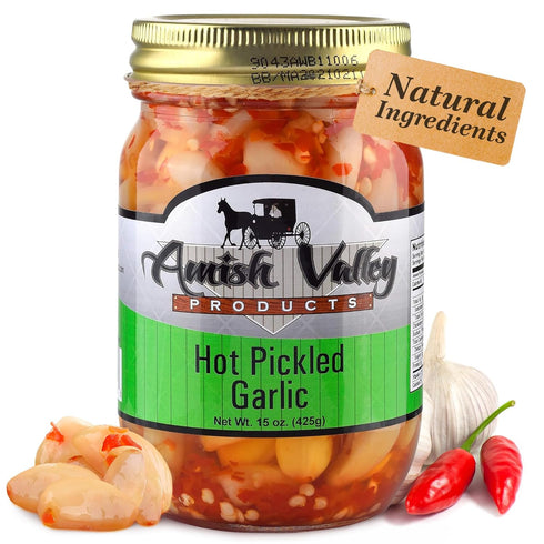 Amish Valley Products Country Pickled Garlic Sweet or Hot Flavor 15 oz