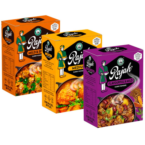 Rajah Curry Powder Variety Pack Bundle - Includes Medium, Hot, and Mild