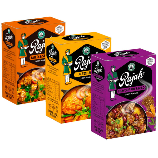 Rajah Curry Powder Variety Pack Bundle - Includes Medium, Hot, and Mild