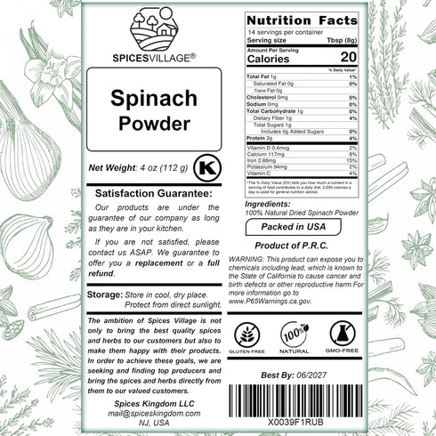 4 oz, SPICES VILLAGE Dried Spinach Powder, Natural Ground Spinach Leafs, Whole Leaf Spinach Powder, Kosher, Gluten