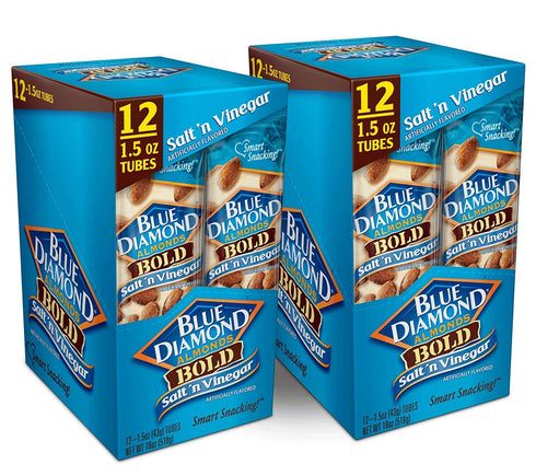 (1.5 oz, 2 Packs 12) Blue Diamond Almonds Salt N' Vinegar Flavored Snack Nuts, Single Serve Bags