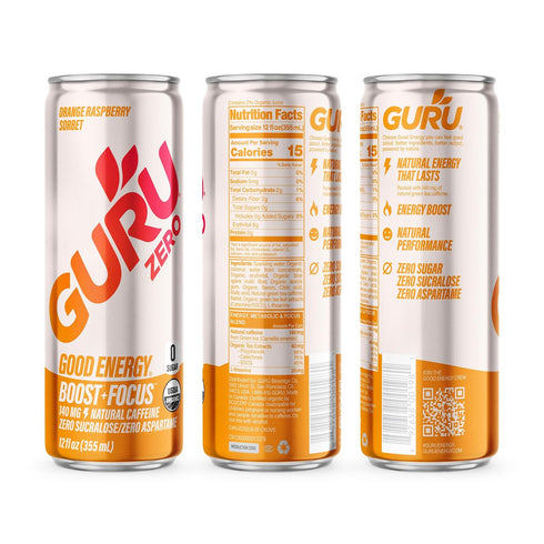140 12 Oz, 12 Pack GURU Zero Sugar Energy Drink,Orange Raspberry Sorbet Organic Sparkling Energy Drink with MG Natural