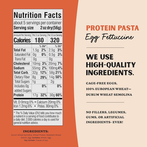 30g 3.5oz Packaging 10oz (Pack 2) Al Dente Protein Pasta Egg & Roasted Garlic Fettuccine - High Protein in Serving